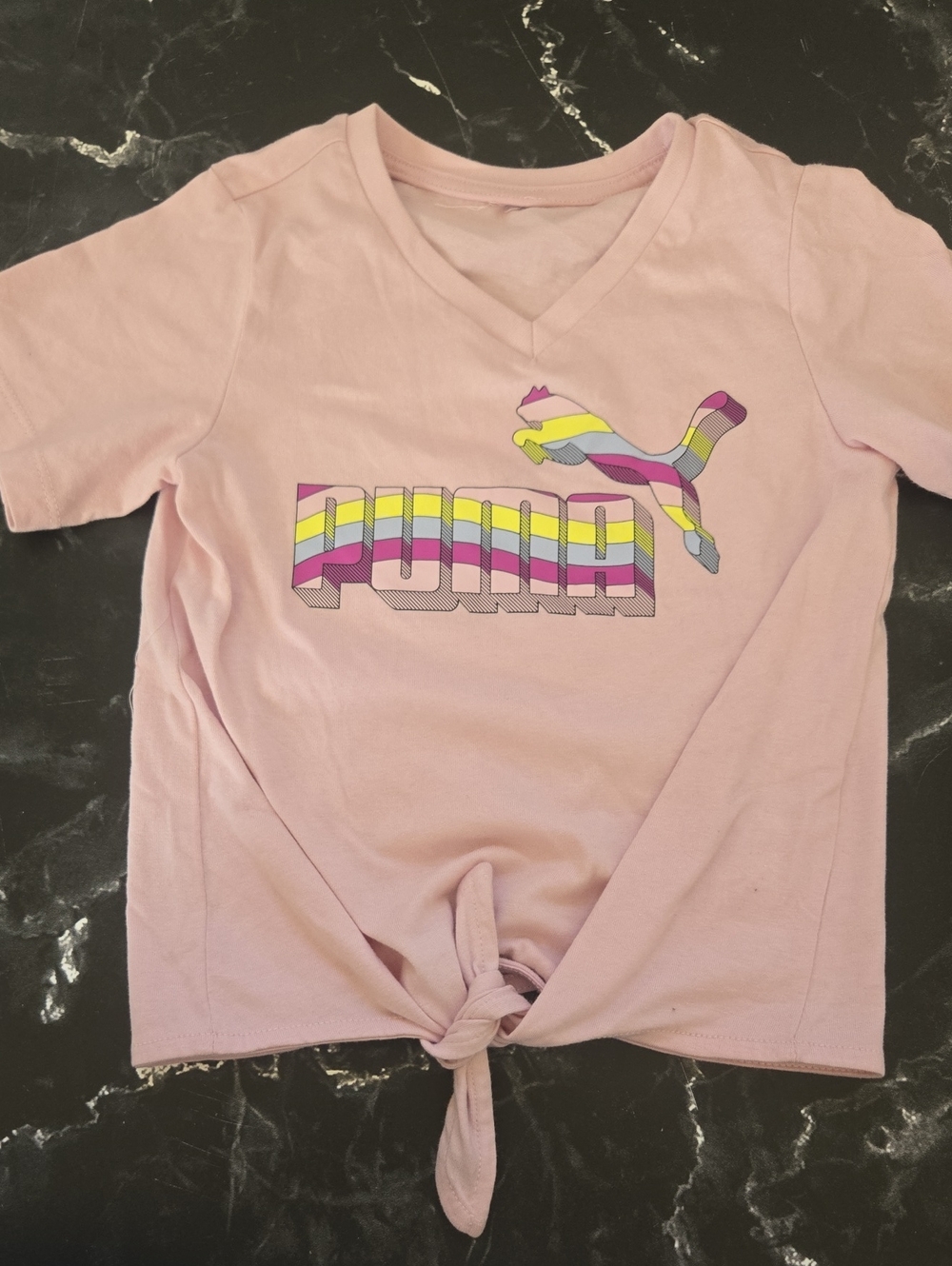 Puma Light Pink V-Neck Tie-Front Tee with Rainbow Stripe Logo